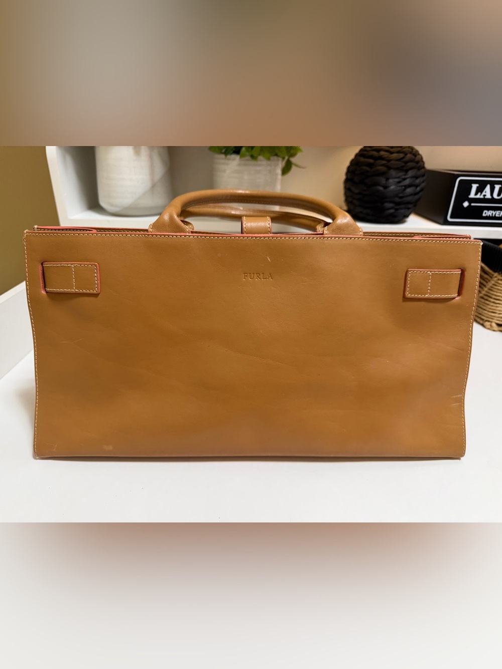 Furla Classic Tan Leather Tote Bag, tan with pink accent, excellent condition - Picture 4 of 15